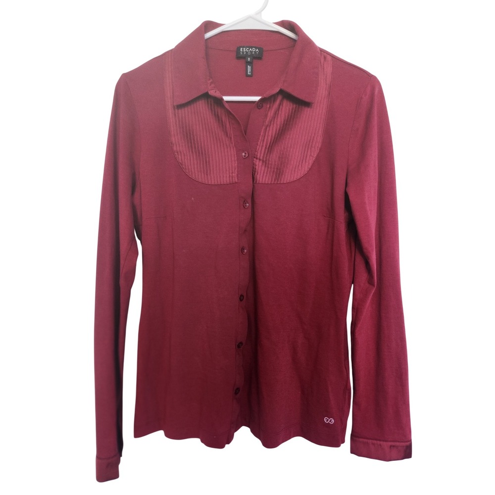 Escada Sport Womens Evelore Button‎ Up Shirt Dark Red Cotton Pleated Bib Small